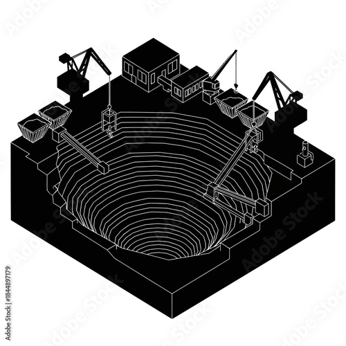 Isometric black and white illustration of an open-pit mine with machinery and processing facilities.
