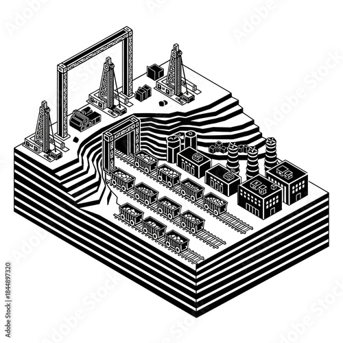 Isometric black and white illustration of a comprehensive industrial mining and manufacturing complex with drilling rigs, mine carts, and factories.