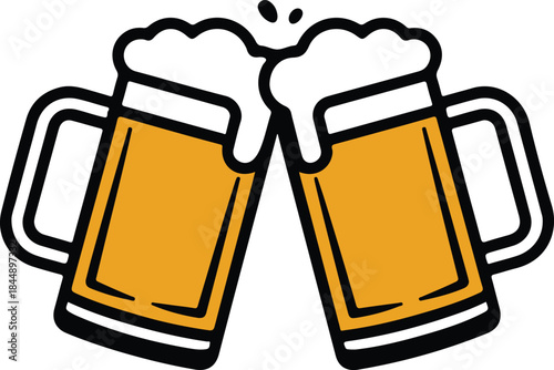 Golden Beer Mugs Cheers Flat Vector Illustration