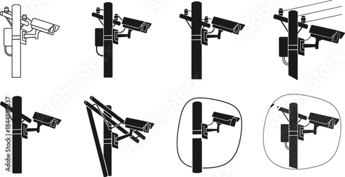 Surveillance camera pole silhouette collection, security monitoring vector icons, CCTV system design set, safety technology illustration for modern protection visuals