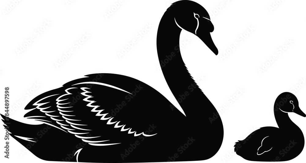 Fototapeta premium Swan and cygnet silhouette vector, black bird illustration, parent child bond, nature theme, graceful posture, minimal design artwork
