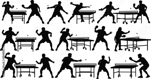 Table Tennis Player Silhouette Vector Set, Ping Pong Sport Action Poses, Dynamic Game Figures, Exercise and Competition Graphic Collection