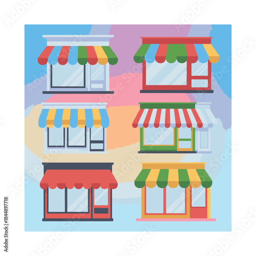 Six colorful storefronts with awnings and windows in flat design shop building.