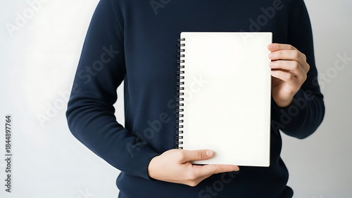 A person in a dark blue sweater holds a blank spiral-bound notebook with a white cover, showcasing it against a white background