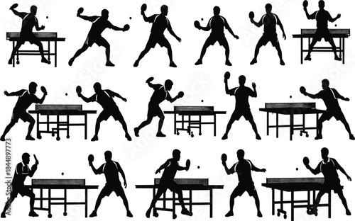 Table tennis player silhouettes set dynamic ping pong actions sport illustration black white isolated vector design elements collection competition motion