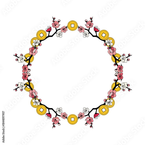 A decorative circular frame featuring golden Chinese coins and delicate pink and white cherry blossoms, symbolizing prosperity and spring.