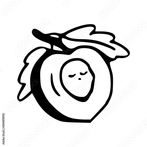 cute sleeping peach fruit vector illustration with leaves