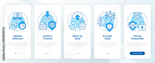 Cyberattacks prevention methods blue onboarding mobile app screen. Walkthrough 5 steps editable graphic instructions with linear concepts. UI, UX, GUI. Montserrat SemiBold, Regular fonts used