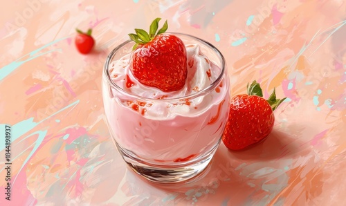 A glass of strawberry ice cream with a strawberry on top