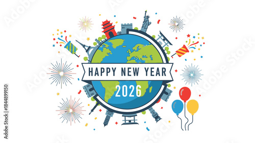 Flat design illustration of a globe surrounded by fireworks and city skylines with a Happy New Year 2026 banner in a celebratory atmosphere against a clean white background.