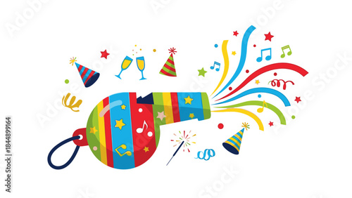Colorful illustration of a noisemaker with party hats, glasses, and confetti on a white background, celebrating Happy New Year 2026 with a festive mood.