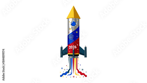 Illustration of a colorful rocket launching into the air with confetti, celebrating Happy New Year 2026 with a festive and joyful mood.