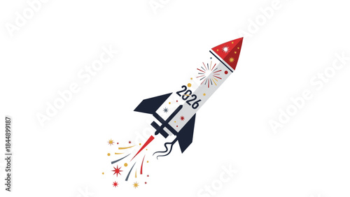 Illustration of a rocket labeled 2026 blasting off with colorful fireworks and sparks on a white background, symbolizing a Happy New Year 2026.