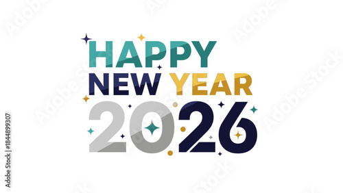 Colorful typographic design with 'HAPPY NEW YEAR 2026' text in bold, multicolored letters on a white background with confetti-like elements.