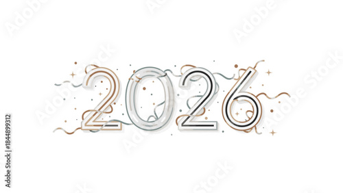 A celebratory graphic design element featuring the year 2026 in large, metallic numbers with colorful confetti and streamers on a white background, symbolizing Happy New Year 2026.