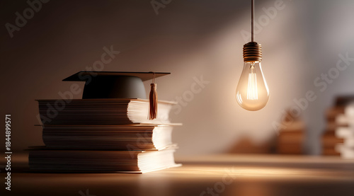 A tranquil study scene featuring stacked books, a graduation cap, and an illuminated light bulb, symbolizing knowledge and inspiration.