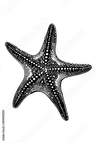 Detailed black and white illustration of a starfish, isolated on white