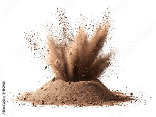 Cloud of dust erupting from a mound on a stark white background