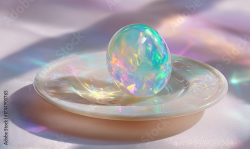 A small, colorful gem sits on a white plate