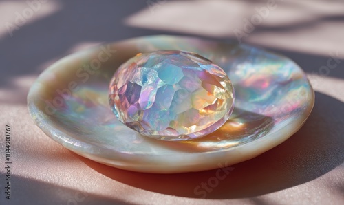 A small, colorful gemstone sits on a white shell