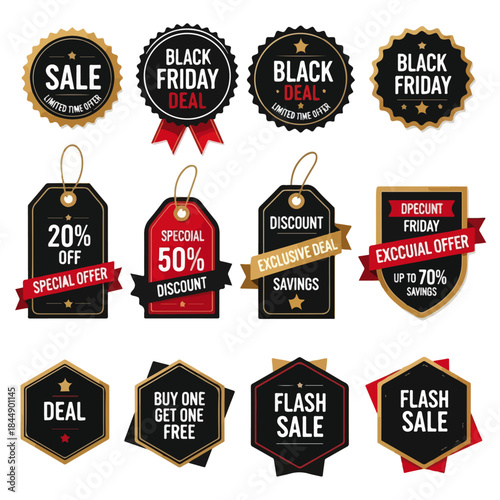 Vintage Black Friday Discount Badges and Sale Tags Vector Collection for Online and Print Advertising