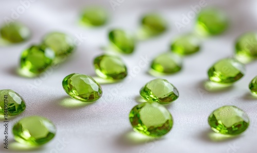 A bunch of green peridot gemstones on a white background