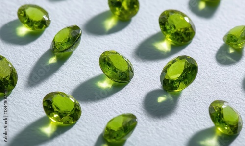 A row of green gemstones are on a white background