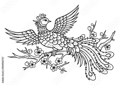 Detailed linear drawing of a mythical phoenix bird sitting on a blossoming tree branch