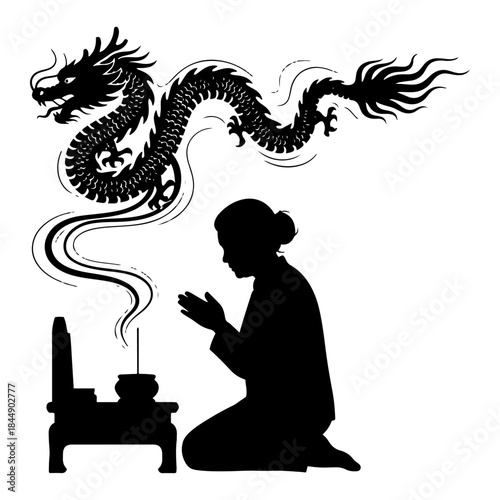 Silhouette of a person praying with incense smoke transforming into a spiritual dragon