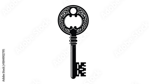 An ornate black and white illustration of a vintage skeleton key