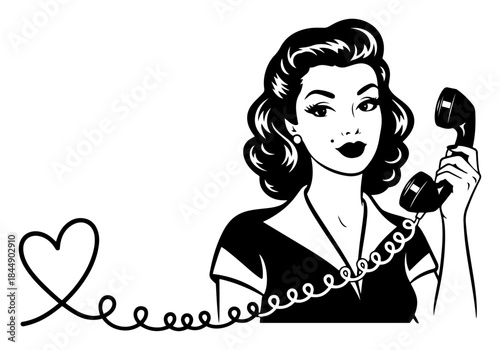 Retro pop art woman talking on telephone with heart cord