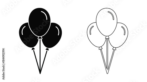 Black and white illustration depicting groupings of balloons a celebratory image