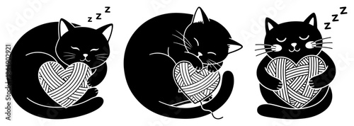 Cute sleeping black cats holding heart shaped yarn balls