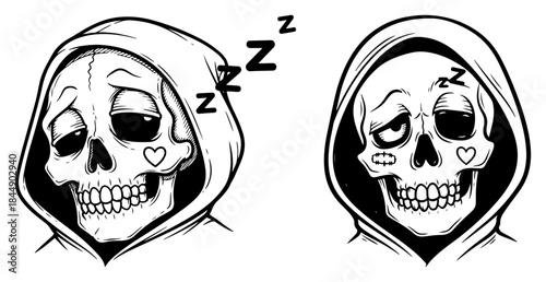 Tired grim reaper skull wearing hood sleeping vector illustration