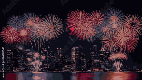 Spectacular red, white, and blue fireworks explode over a modern city skyline at night, reflecting in the water below during a festive celebration.