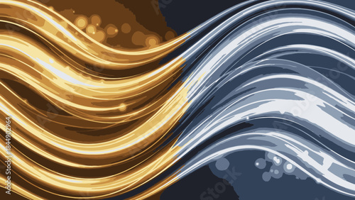 Abstract flowing golden and silver wavy lines with glowing particles creating a dynamic contrast.