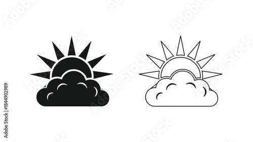 Simple black and white illustration of a sun peeking from behind clouds
