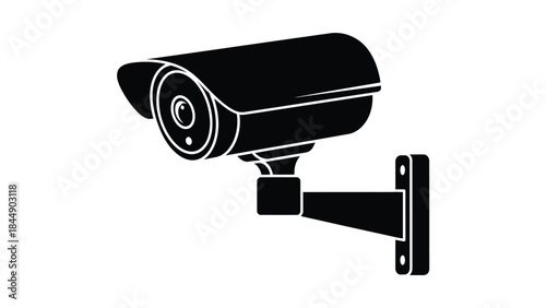 A black and white illustration of a security camera mounted on a wall