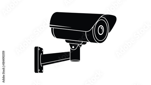 A black and white illustration of a modern security surveillance camera on a wall