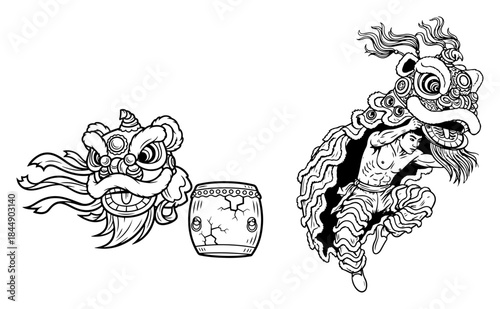Chinese lion dance performance elements including dancer mask and drum