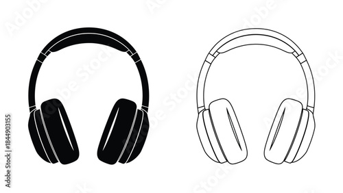 Two headphone outlines one solid black and one white line drawing