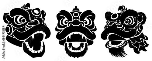 Set of three solid black silhouette icons of traditional Chinese lion dance heads