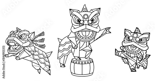 Set of geometric low poly style Chinese lion dance figures in various poses