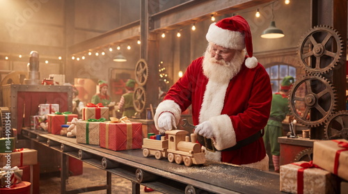 Santa working in factory with conveyor of gifts