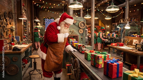 Santa working in factory with conveyor of gifts