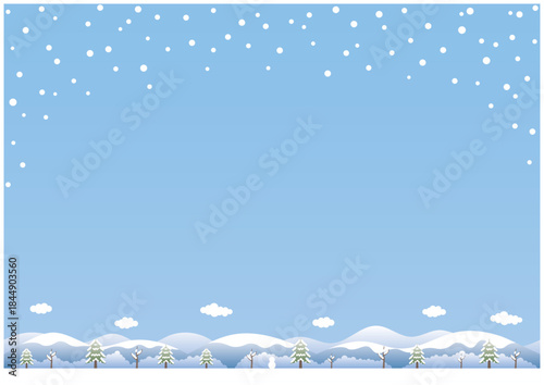 雪が降る冬の山並みと森のコピースペース背景イラスト