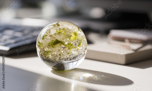 A clear glass ball with green plants in it sits on a desk
