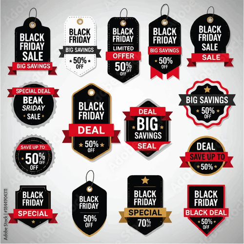 Retail Black Friday Discount Labels and Sale Stickers Vector Set for Marketing Campaigns