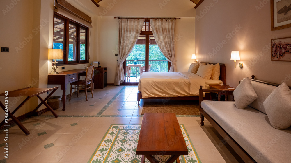 Naklejka premium Scenic luxury room overlooking lush landscapes in Thailand