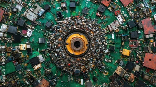 E-waste components meticulously arranged in a mandala, real objects, spiritual tech remix